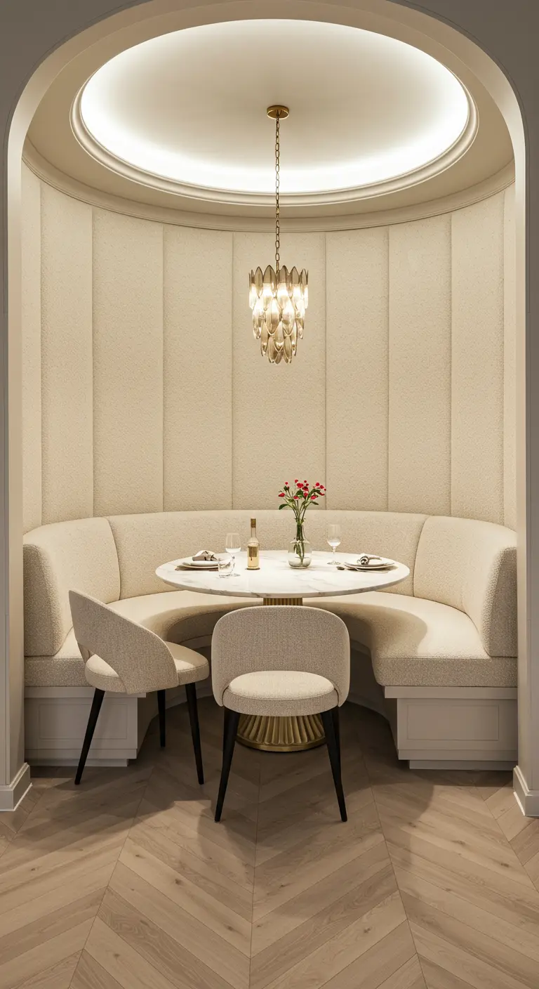 Luxe ronde eethoek in nis met crèmekleurige bouclé bank en elegante hanglamp.