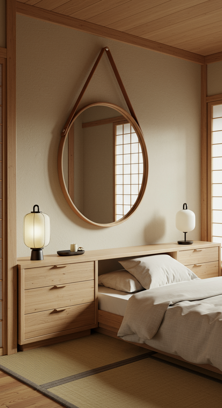 Grote ronde spiegel met leren band boven een bed in Japandi-stijl.
