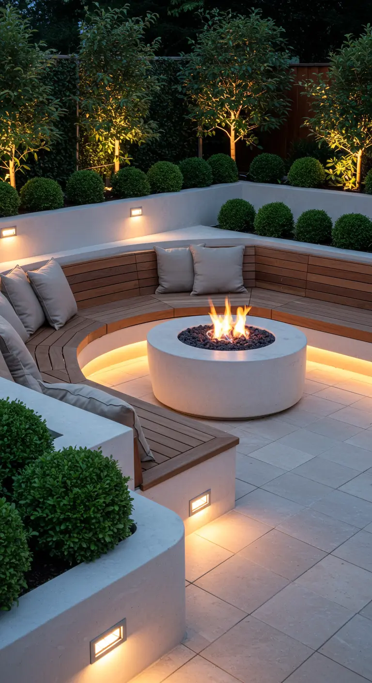 Moderne ronde ingebouwde loungebank met centrale vuurplaats en sfeerverlichting.