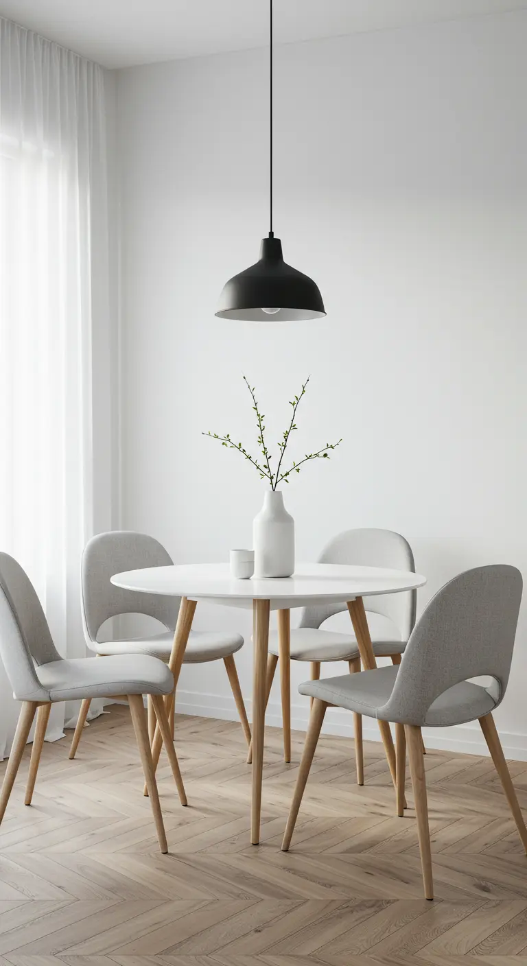 Minimalistische eethoek met ronde witte tafel, lichtgrijze stoelen, zwarte hanglamp en houten vloer.