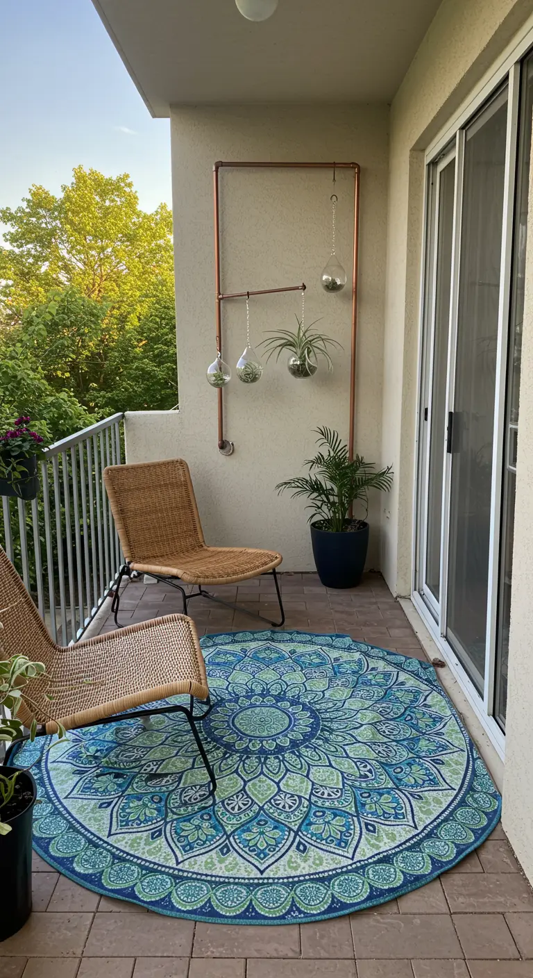 Balkon met rond blauwgroen mandala buitenkleed en rotan stoelen.