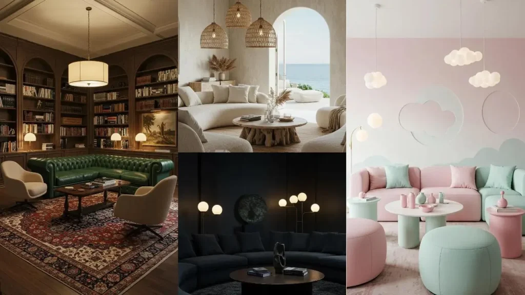 Diverse woonkamers met ronde vormen, zachte hoeken en comfortabele meubels in verschillende stijlen.