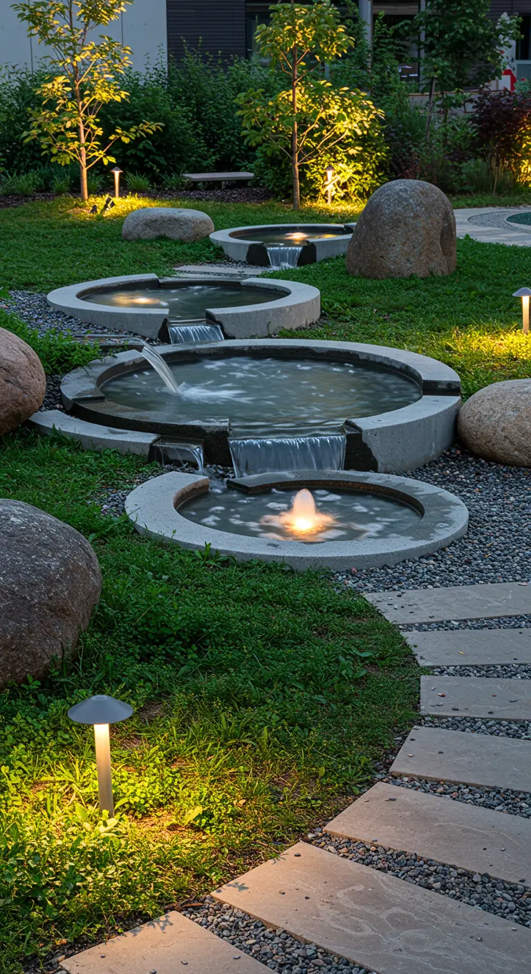 Tuin met drie ronde, trapsgewijze waterbassins in grind en stapstenen.