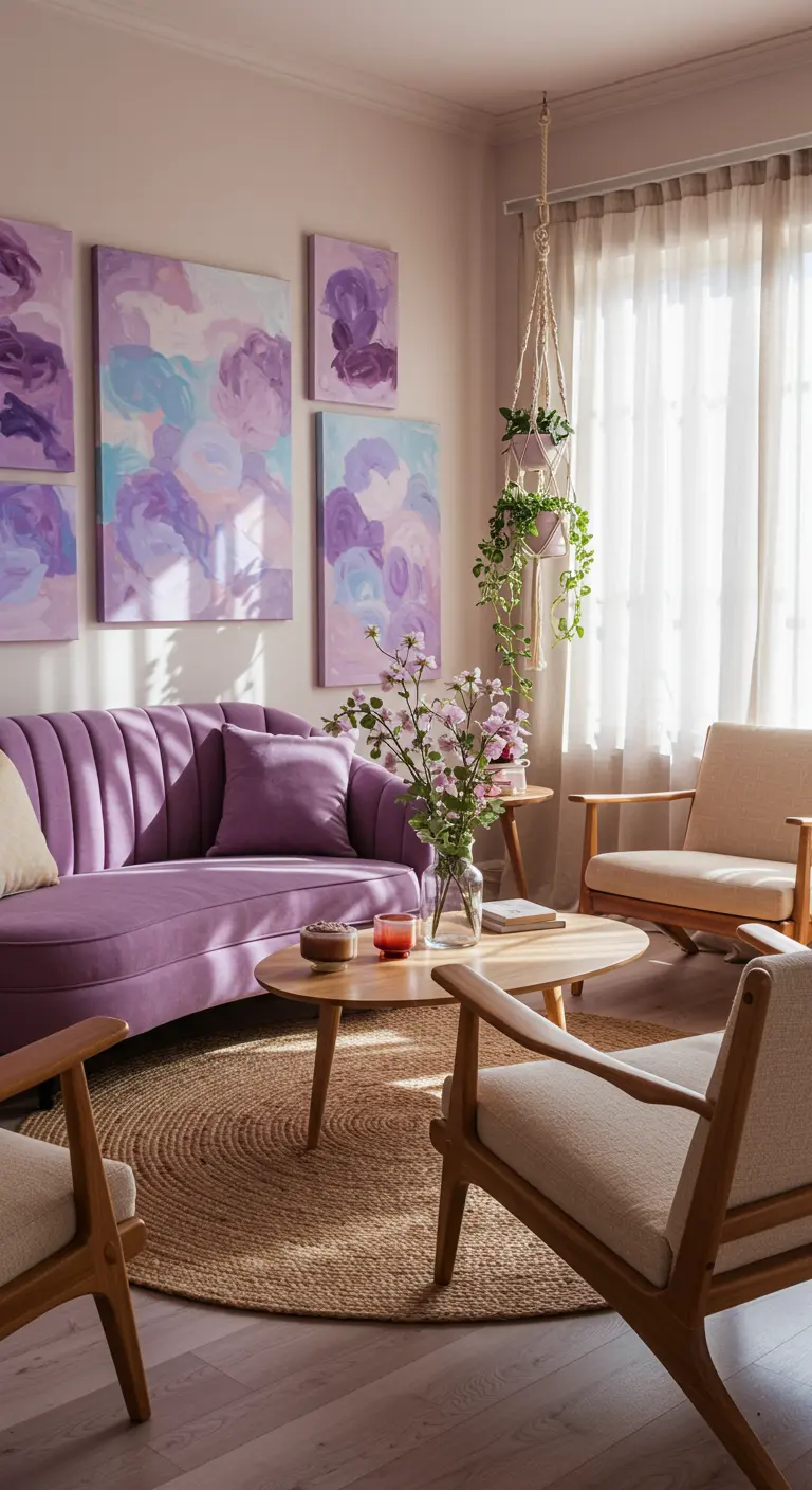 Boheemse woonkamer met lavendel bank, galerijwand met kunst, ronde jute vloerkleed, hangplanten.