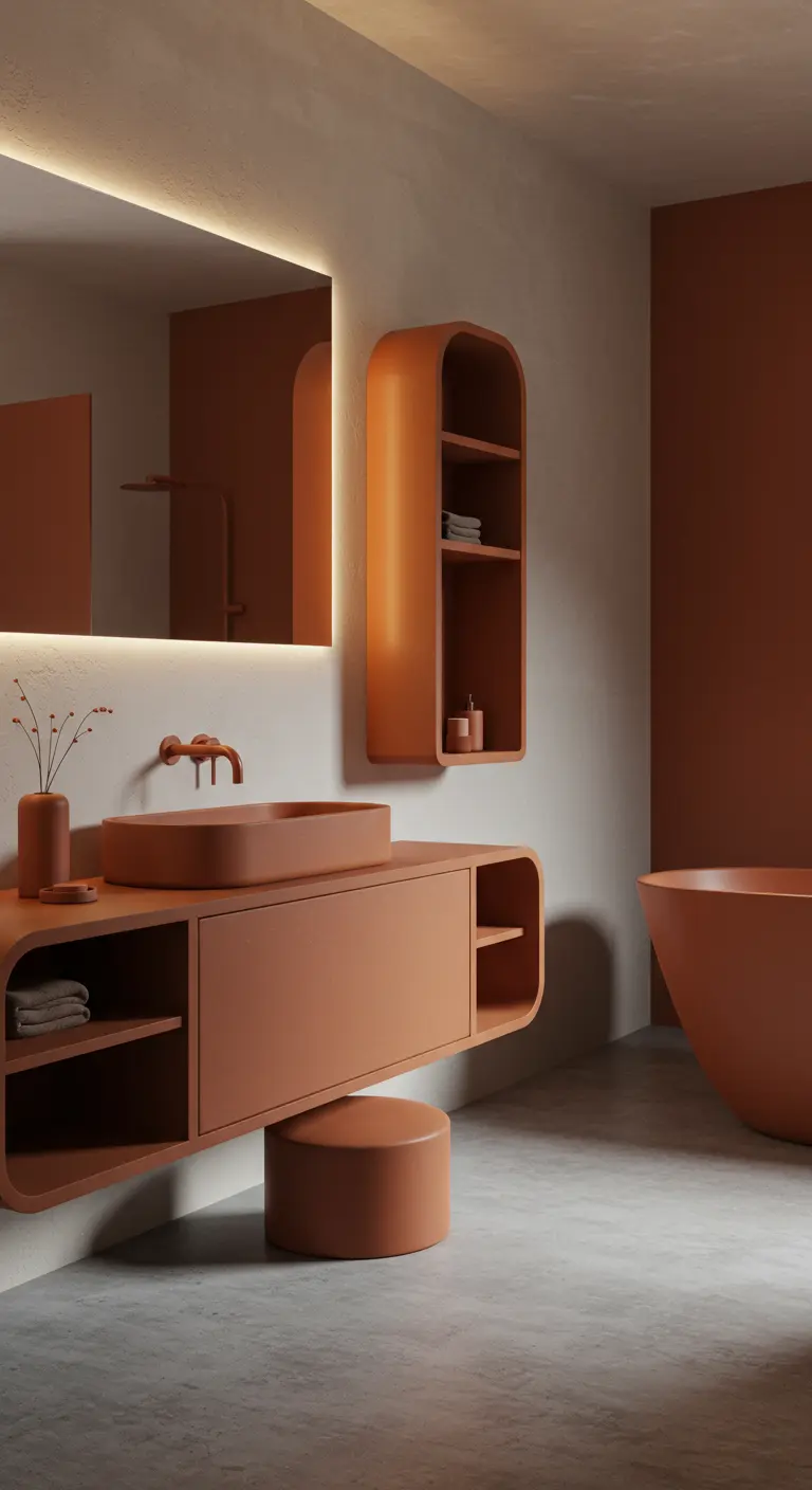 Moderne badkamer met terracotta ronde meubels, wastafel en opbergkast, lichtgrijze muur.
