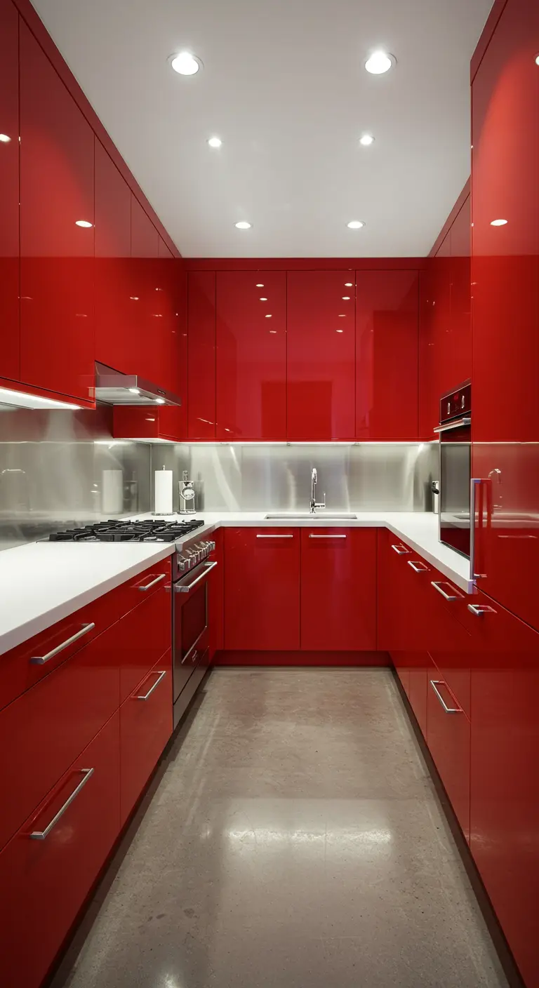 Felrode hoogglans moderne keuken met RVS achterwand.