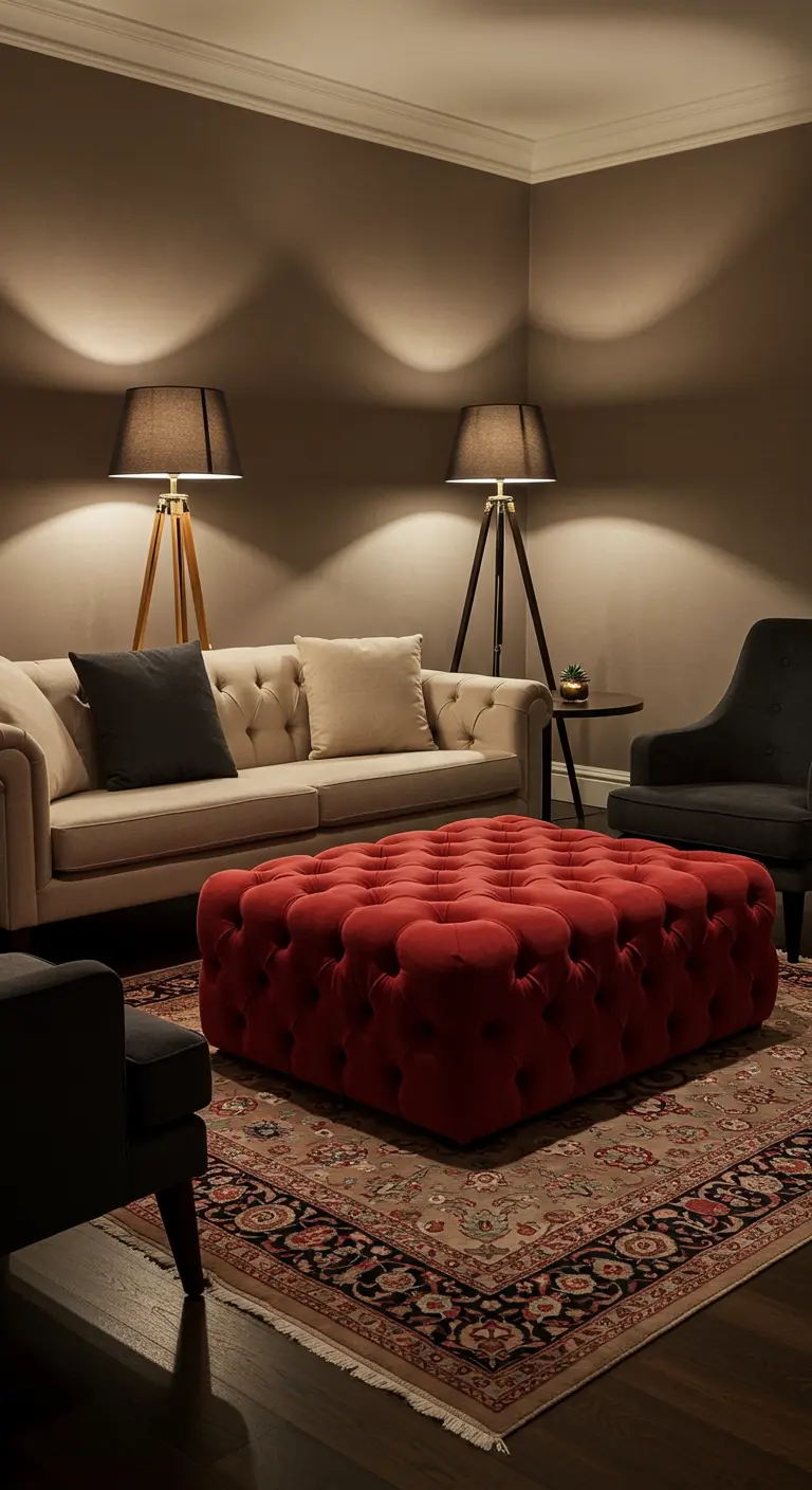 Woonkamer met grote rode fluwelen poef als salontafel en neutrale banken.