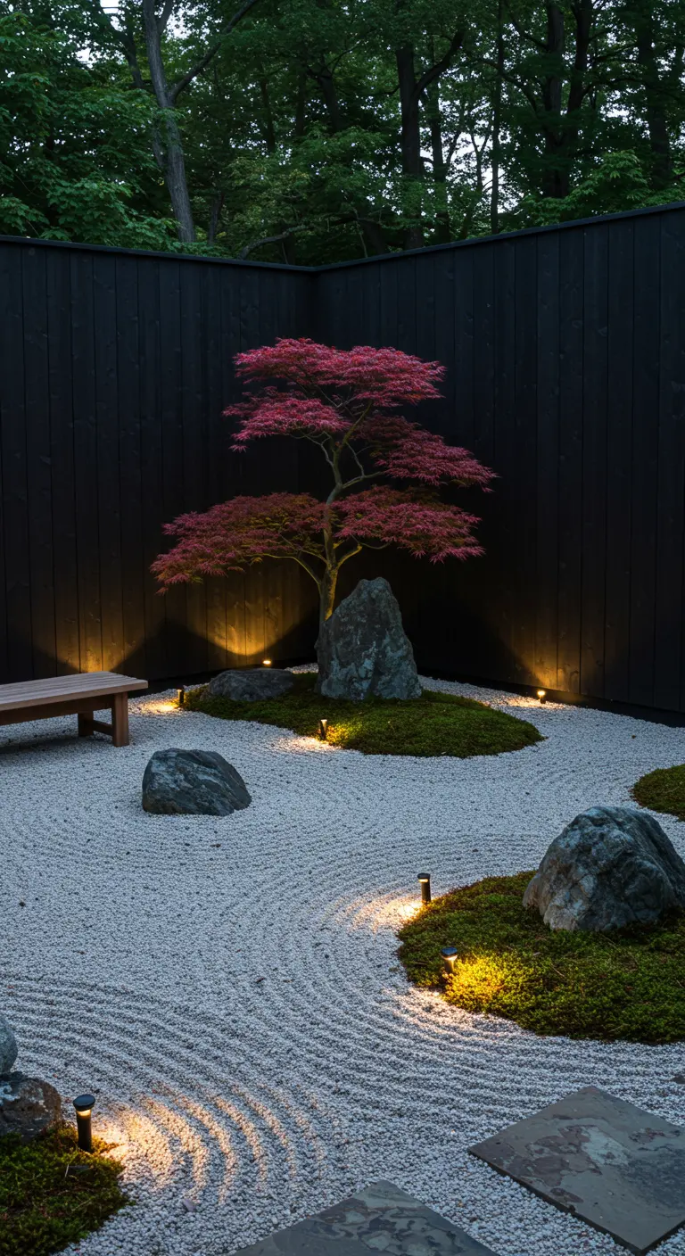 Japanse zen-tuin met zwarte schutting, rode esdoorn, witte grind en mos.