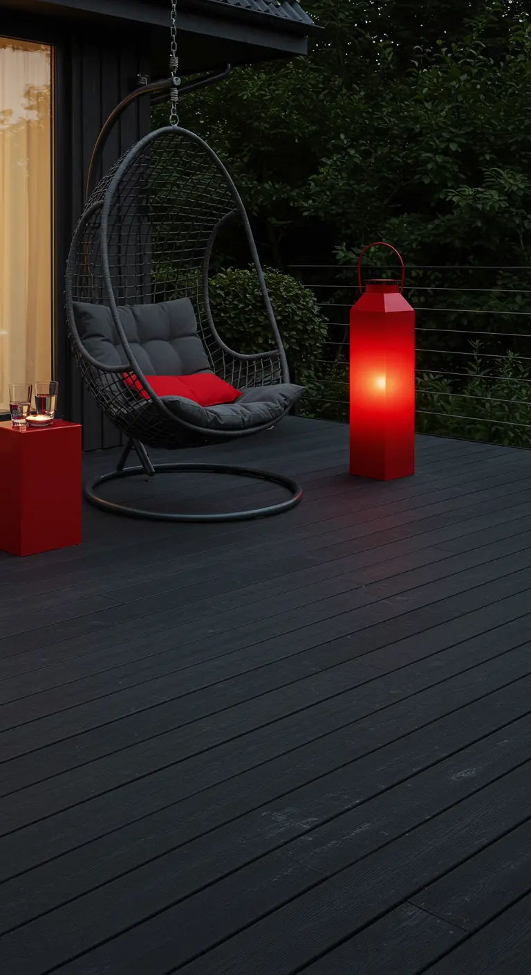 Antracietgrijze hangstoel met een rood kussen en een rode lantaarn op een donker houten terras bij schemering.
