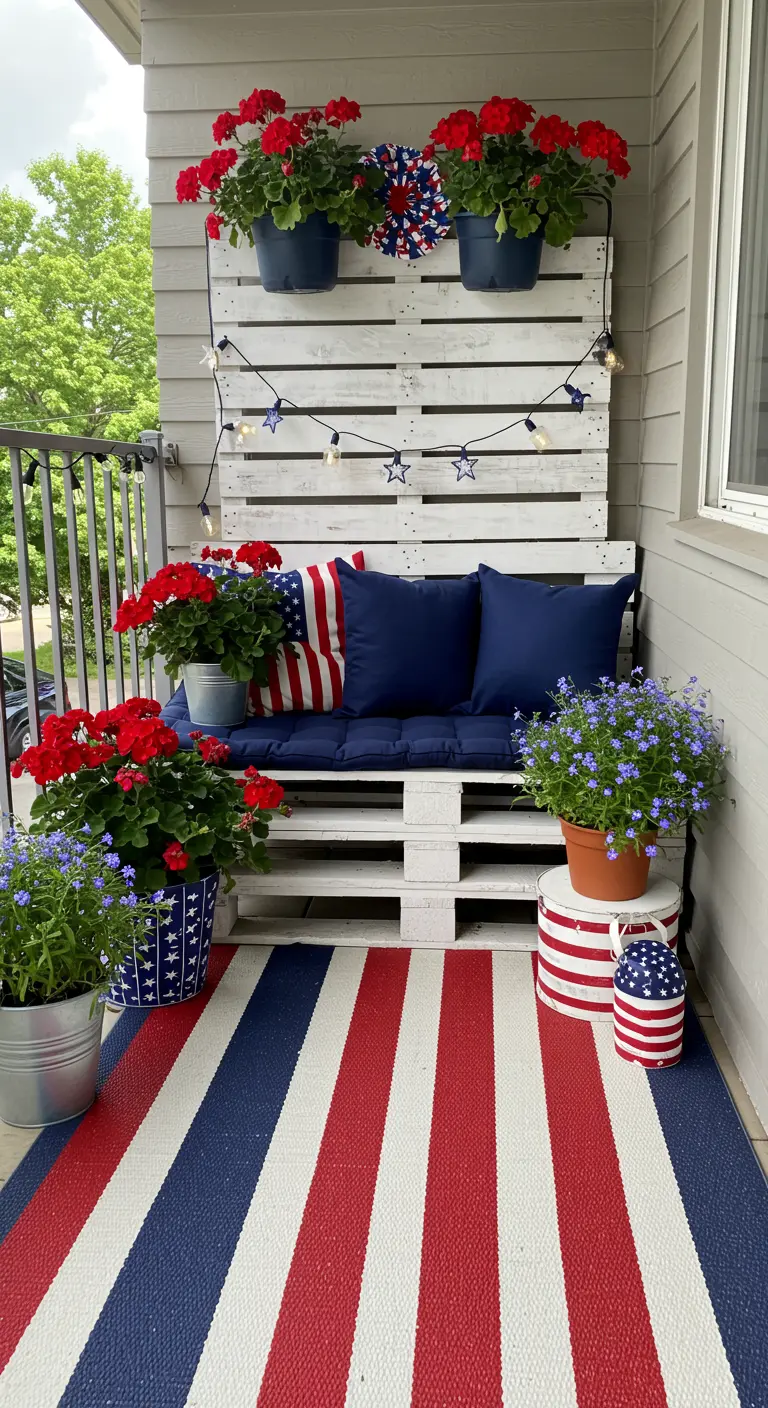 Feestelijk balkon in rood, wit, blauw met witte palletbank, blauwe kussens en rode bloemen.