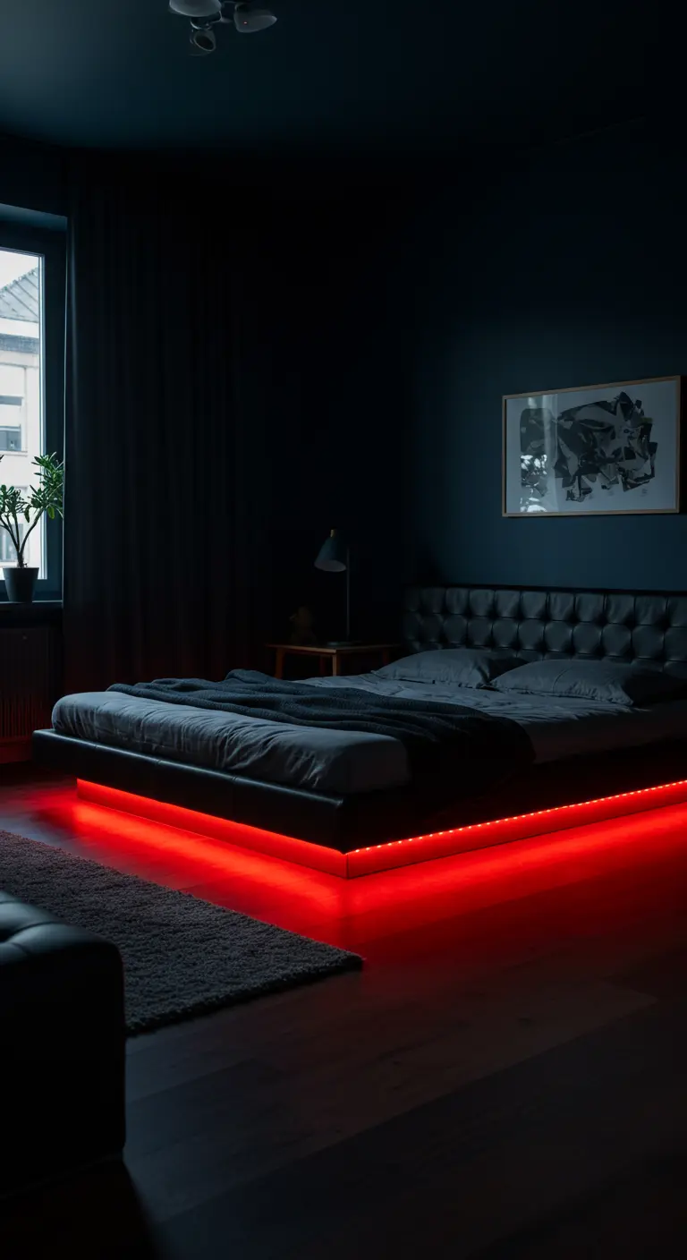 Donkere, moderne slaapkamer met een zwart bed en intense rode LED-verlichting eronder.