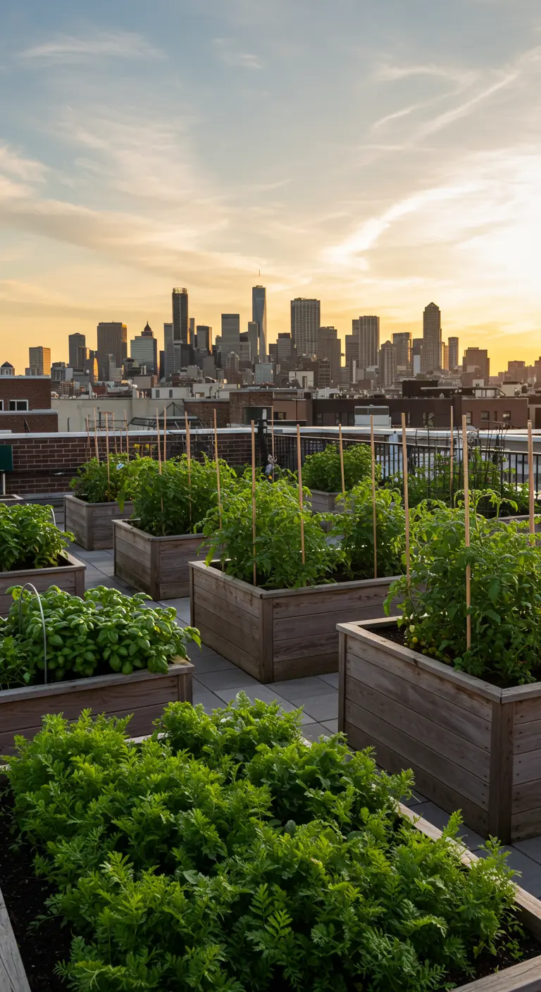 Dakterras moestuin met houten bakken vol tomatenplanten, wortels en basilicum, met stadszicht.