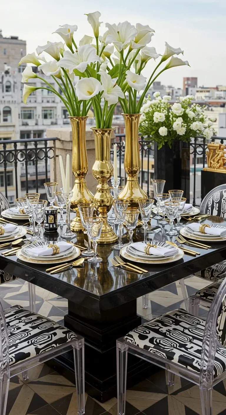 Luxueus gedekte tafel op dakterras met gouden vazen, calla lelies en zwart-wit accenten.
