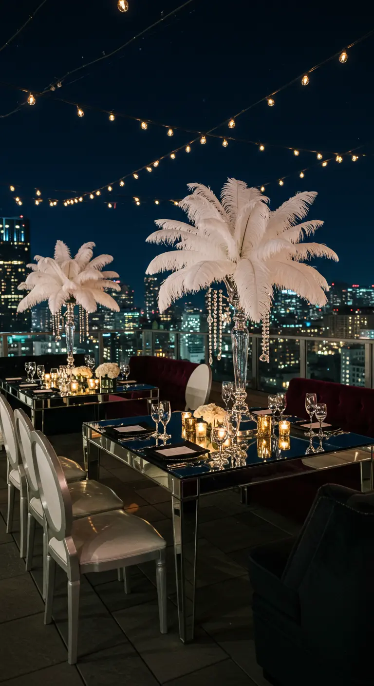 Dakterras setting 's nachts met spiegelende tafels, grote witte veren decoraties en stadslichten.