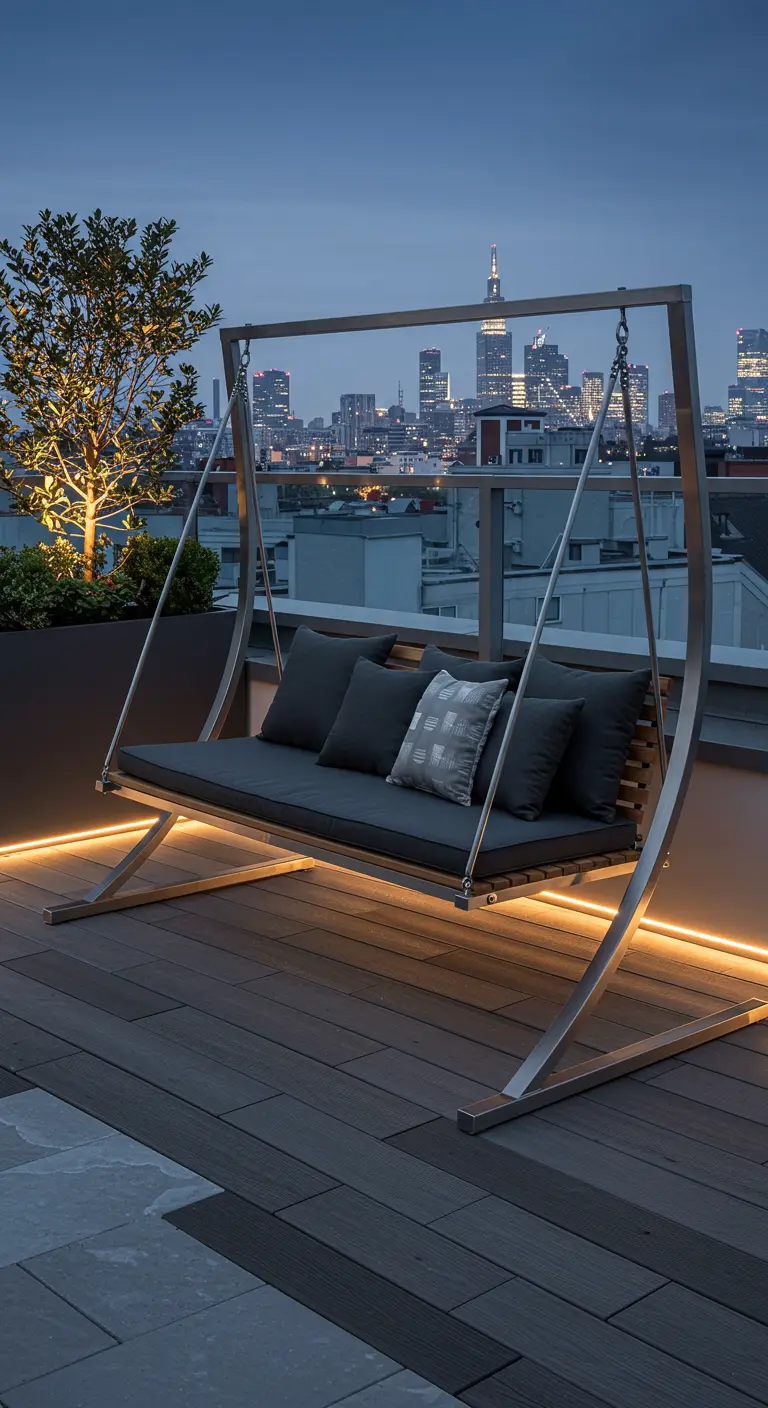 Moderne metalen schommelbank met LED-verlichting op een dakterras met stadsskyline op achtergrond.