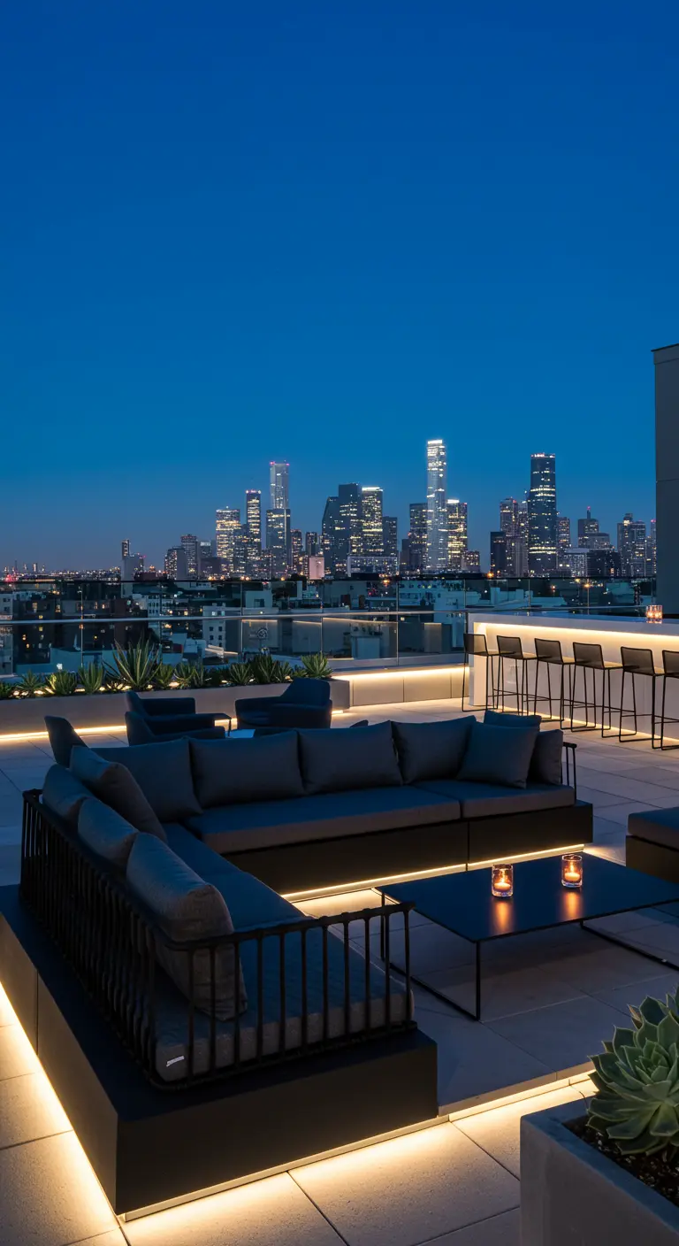 Moderne rooftop lounge met donkere banken, led-verlichting en uitzicht op een stadsskyline.