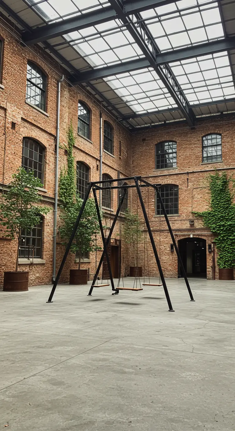 Groot zwart stalen schommelframe met twee houten schommels op een openbare ruimte met bakstenen gebouwen