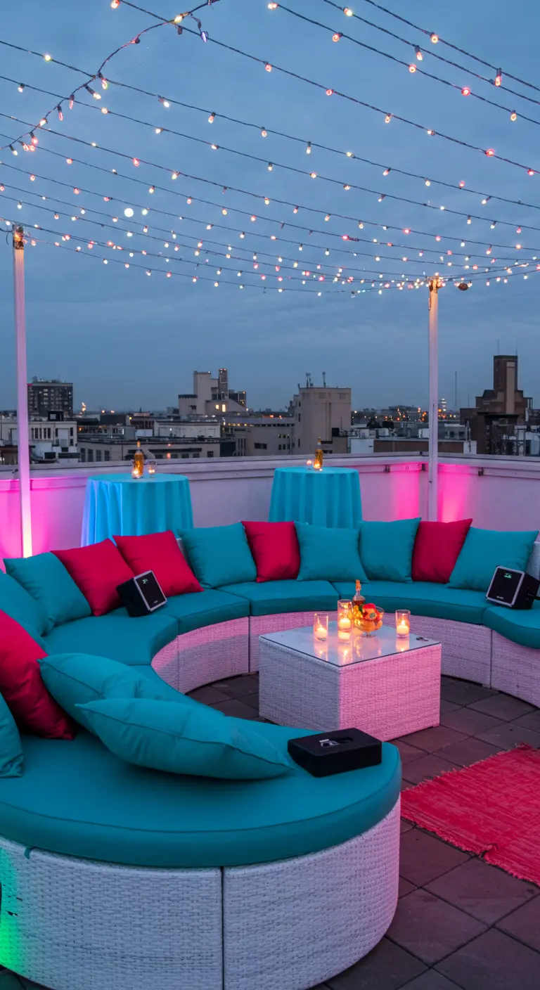Ronde modulaire loungeset in turquoise en roze op dakterras met feestverlichting.