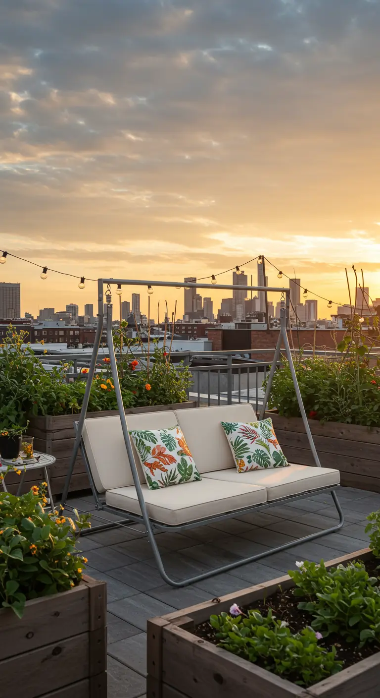 Crèmekleurige tweezits schommelbank in zilverkleurig metalen frame op dakterras met plantenbakken bij zonsondergang.