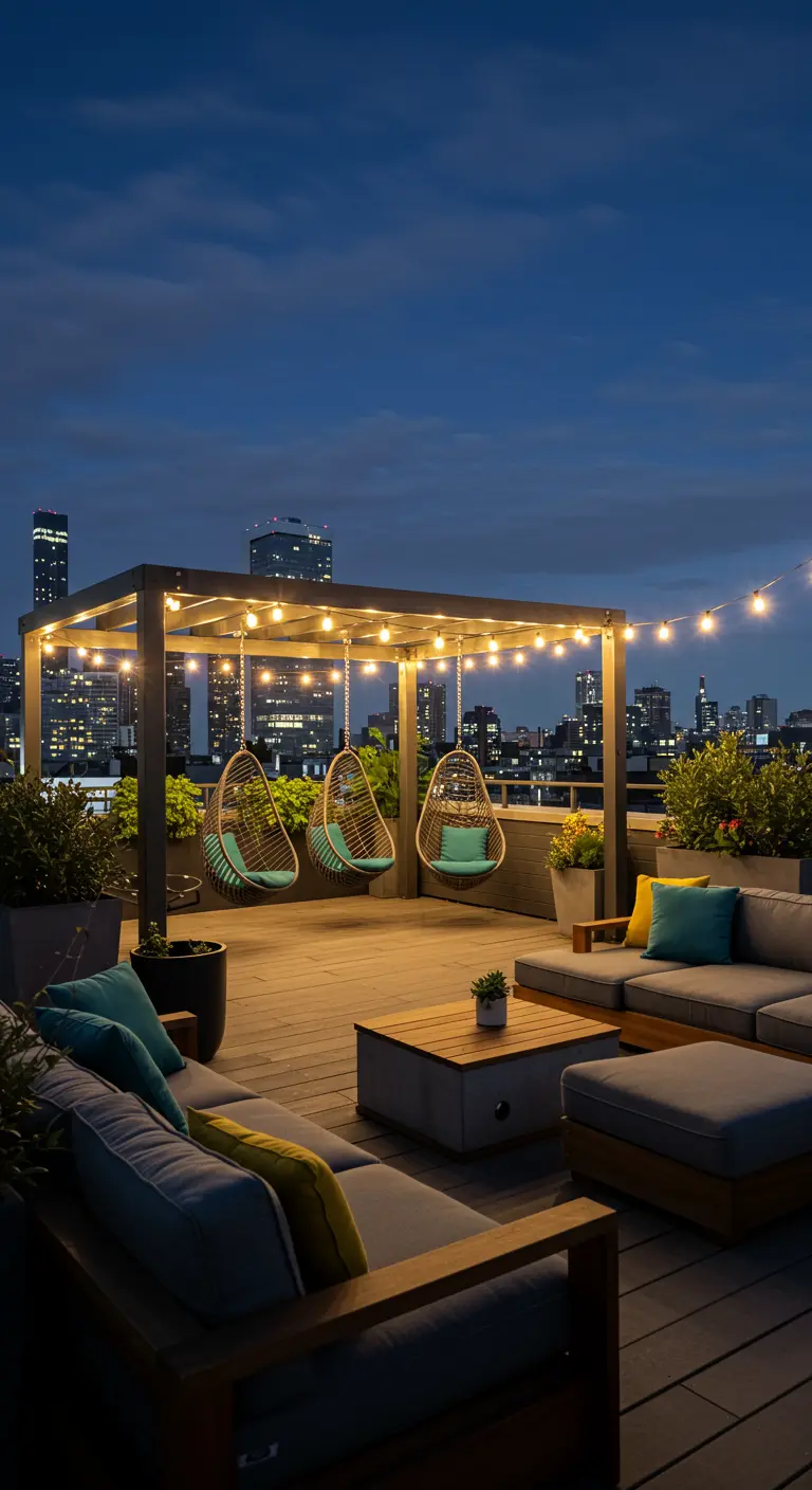 Dakterras met pergola, drie hangstoelen, lichtsnoer, loungeset en uitzicht op de stad.