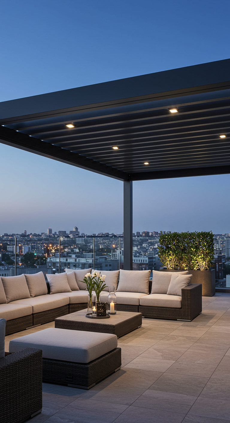 Moderne metalen pergola op een dakterras met loungeset, stadszicht en avondverlichting.