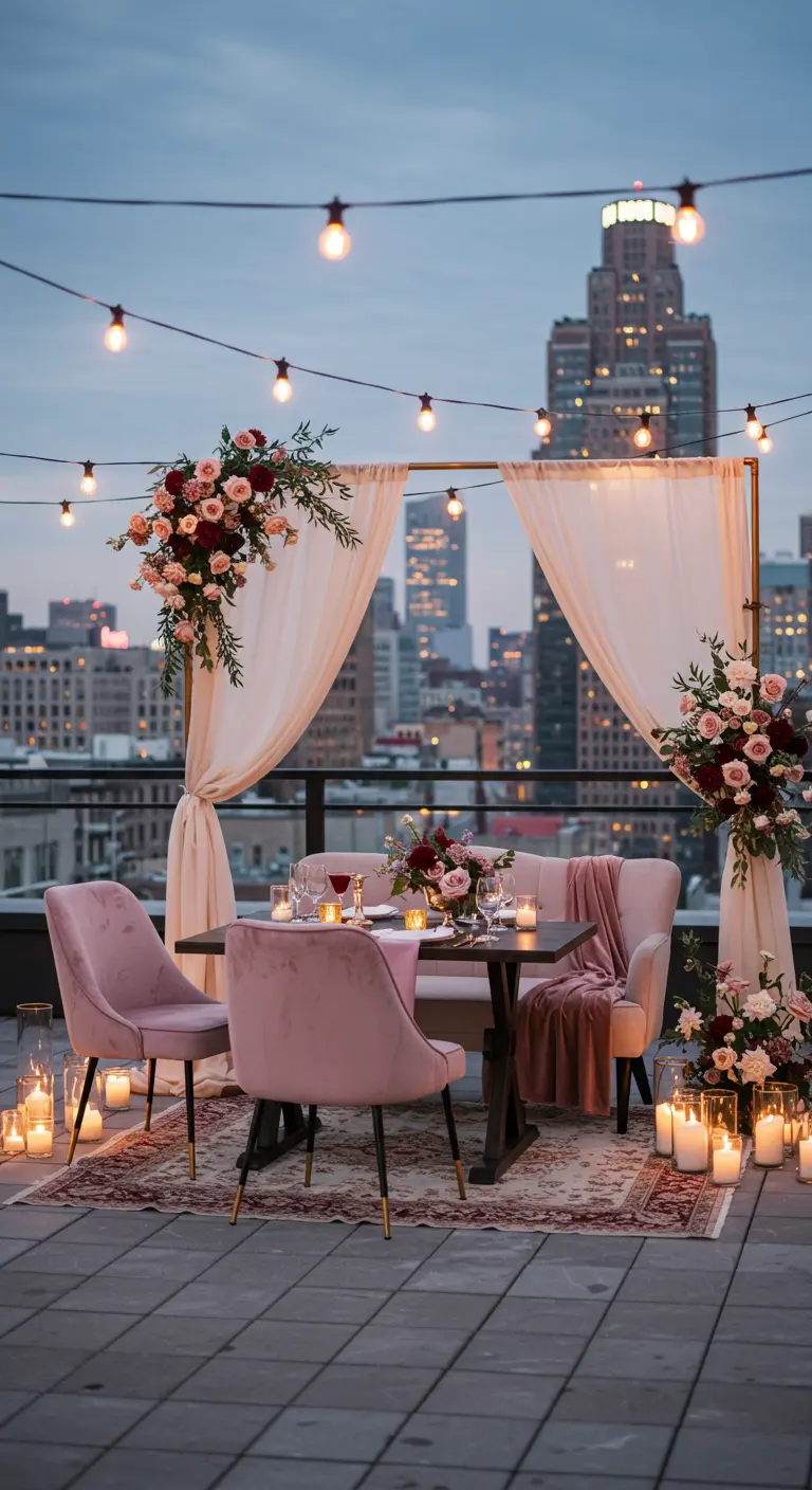 Romantisch dakterrasdiner met roze fluwelen stoelen en kaarslicht.