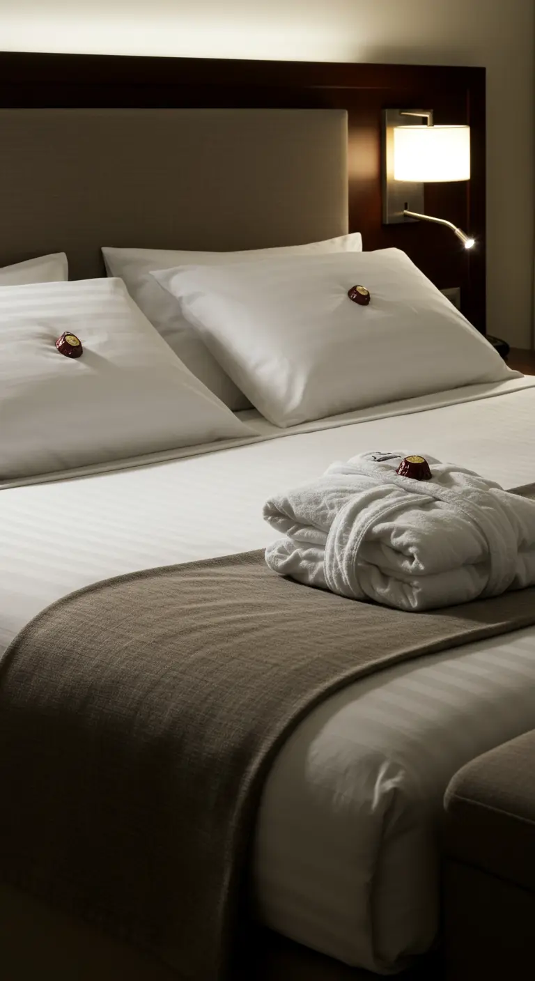 Strak opgemaakt hotelbed met witte lakens, badjas, handdoeken en chocolaatjes op de kussens.