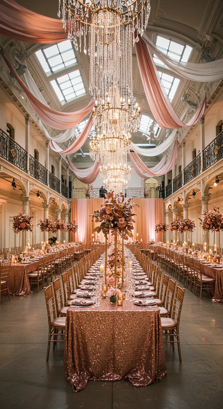 Grote, elegante zaal met lange tafels gedekt in rosé gouden pailletten en blush drapes