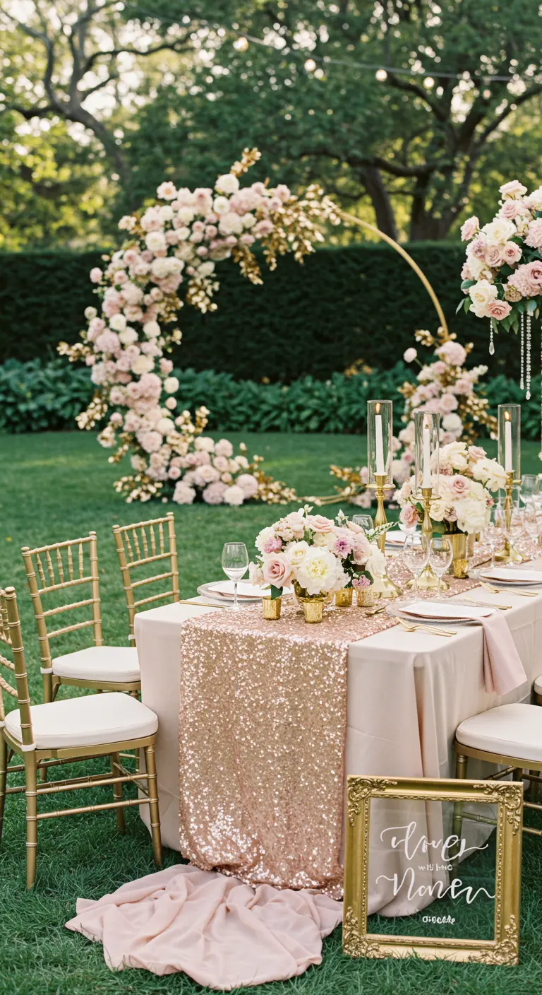 Romantische bruiloftssetting met roségouden pailletten tafelloper en ronde bloemenboog.