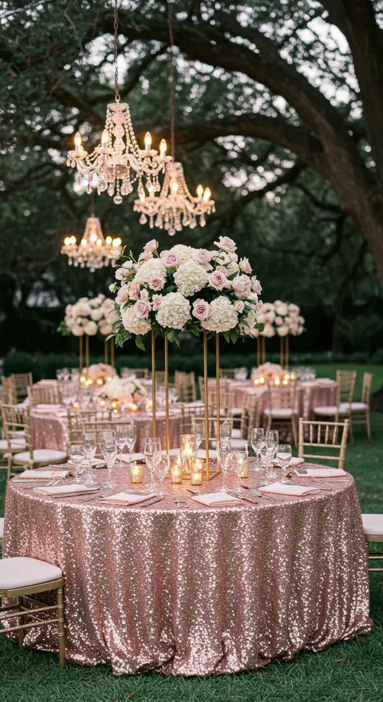 Bruiloftstafel met roségouden pailletten tafelkleed, hoge bloemstukken en kroonluchters.