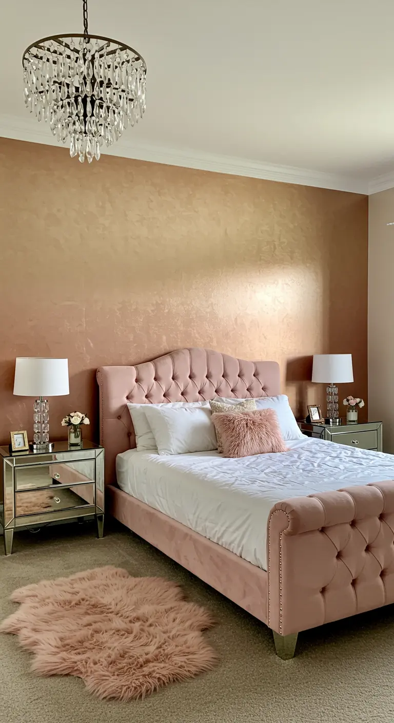 Elegante slaapkamer met roségouden kleurverloop muur en roze fluwelen bed.