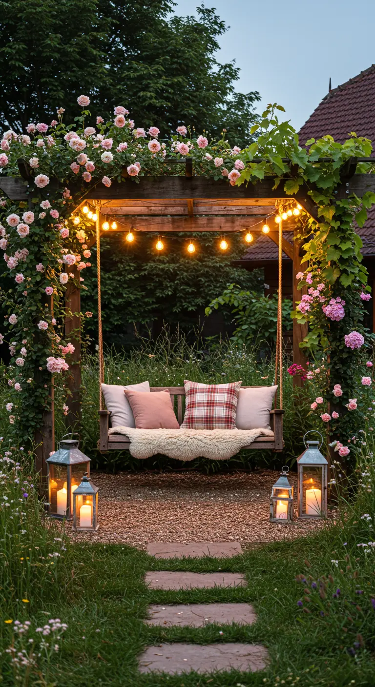 Houten pergola met roze klimrozen, een schommelbank, lichtslingers en landelijke lantaarns.
