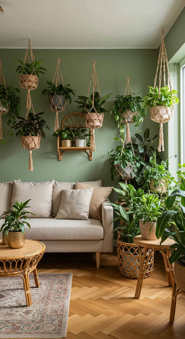 Woonkamer vol planten met diverse rotan plantenstandaards, tafeltjes en een beige bank.