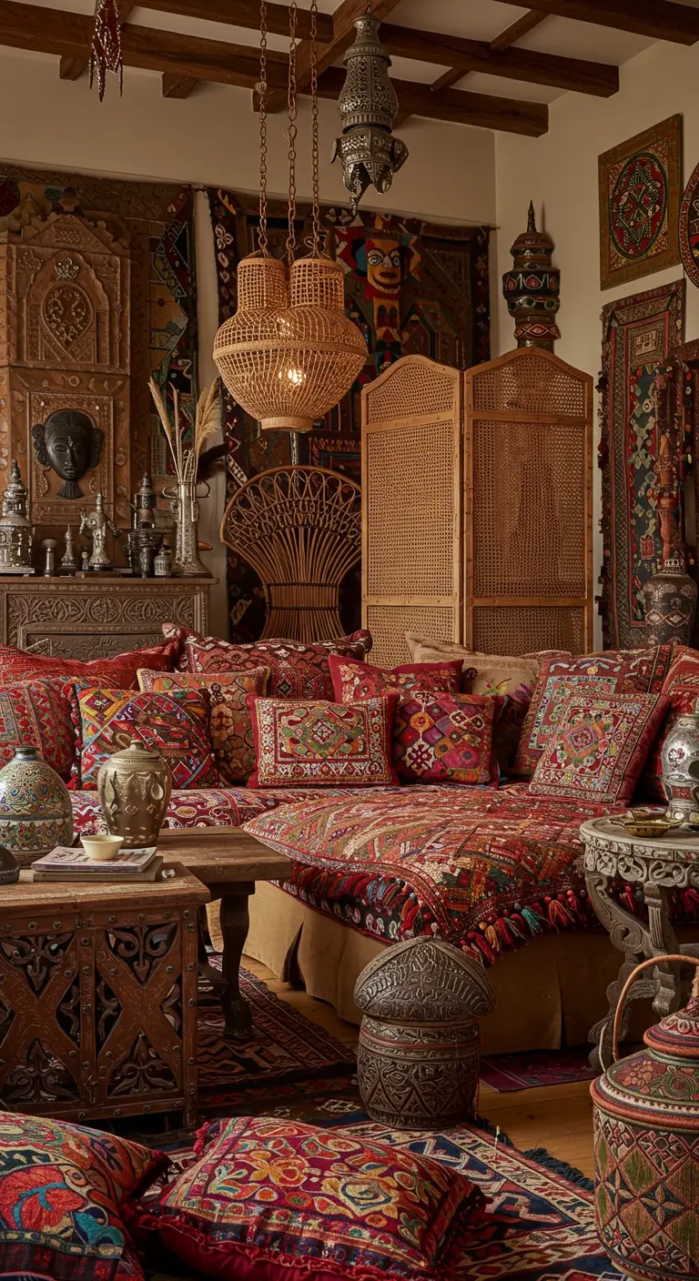 Maximalistische Bohemian woonkamer met rotan kamerscherm, veel kussens en etnische prints.