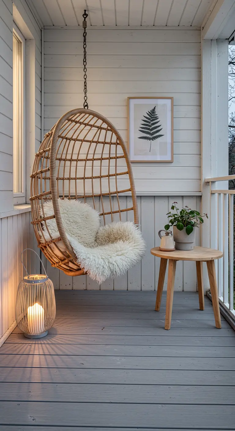 Hangstoel van rotan met schapenvacht op een balkon met lichte houten muren en een bijzettafel.