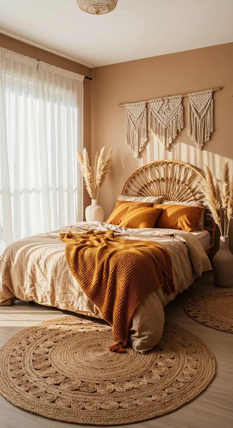 Slaapkamer in boho-stijl met rotan hoofdbord en rond jute vloerkleed.