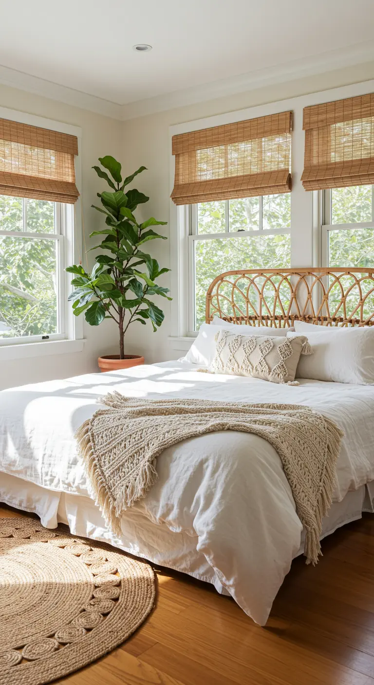 Lichte slaapkamer met rotan hoofdbord, macramé kussen en jute vloerkleed.