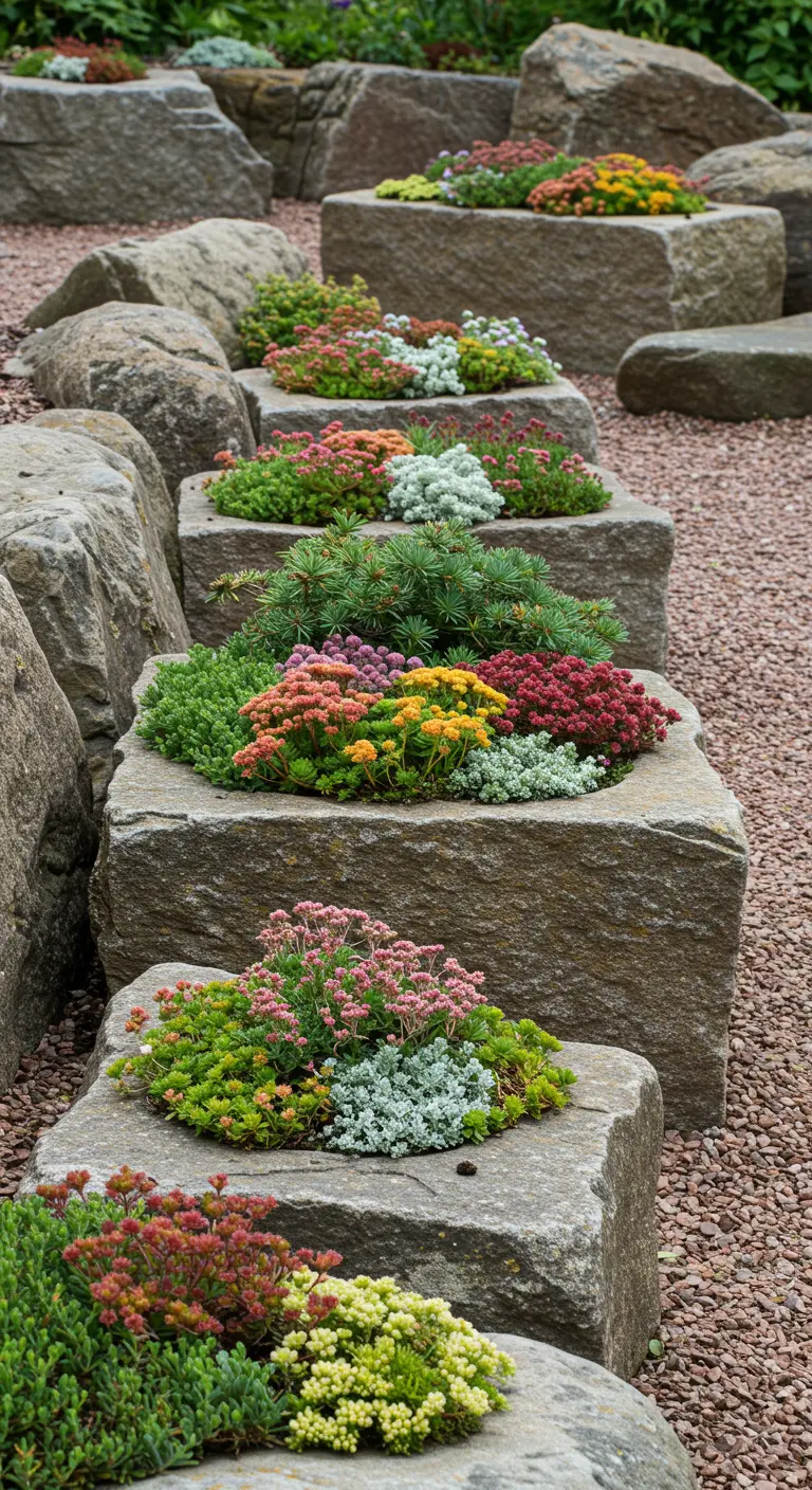 Kleurrijke sedum en rotsplantjes groeien in uitgeholde natuurstenen blokken in een tuin.