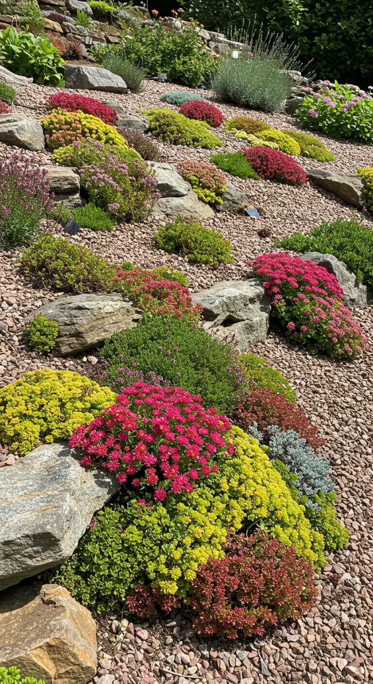 Kleurrijke rotstuin met diverse soorten sedum en andere vetplanten tussen grote stenen.