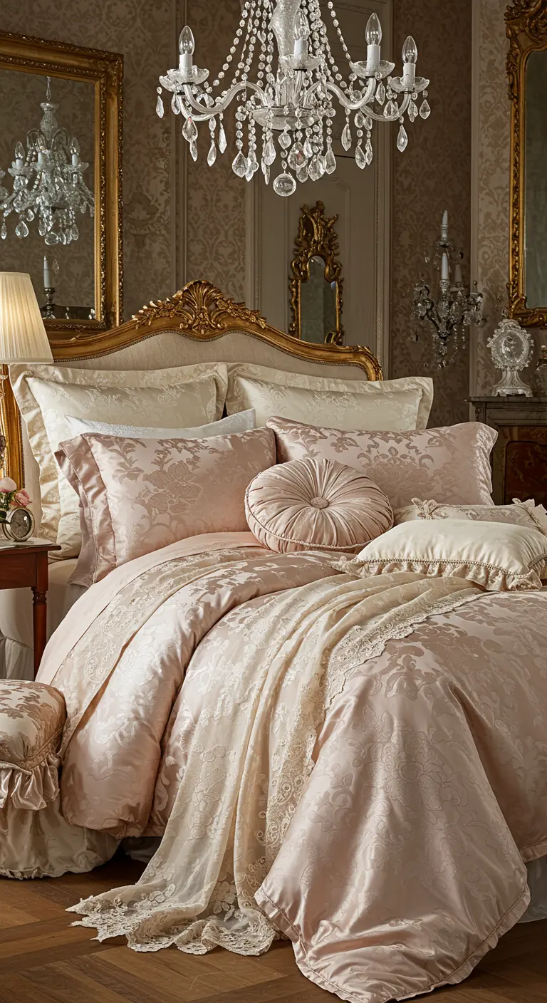 Luxueus bed met roze satijnen beddengoed, gouden details en een kroonluchter.
