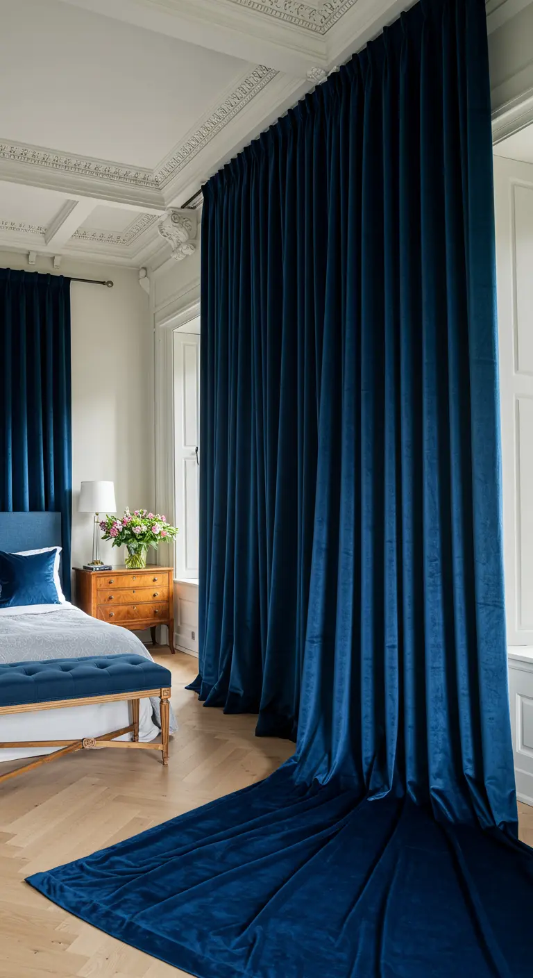 Donkerblauwe fluwelen gordijnen die lang op de vloer liggen in hoge slaapkamer.
