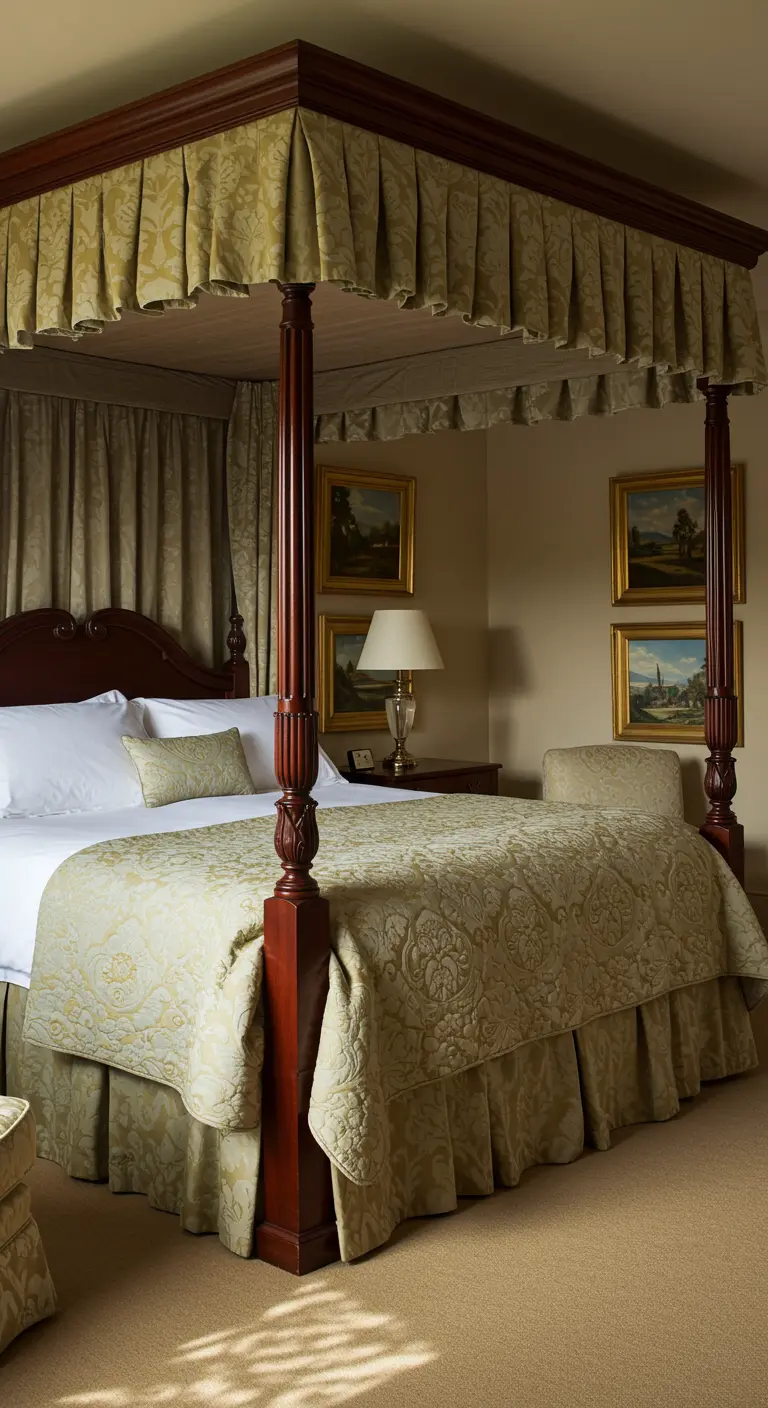 Klassieke slaapkamer met een houten hemelbed en traditioneel beddengoed.