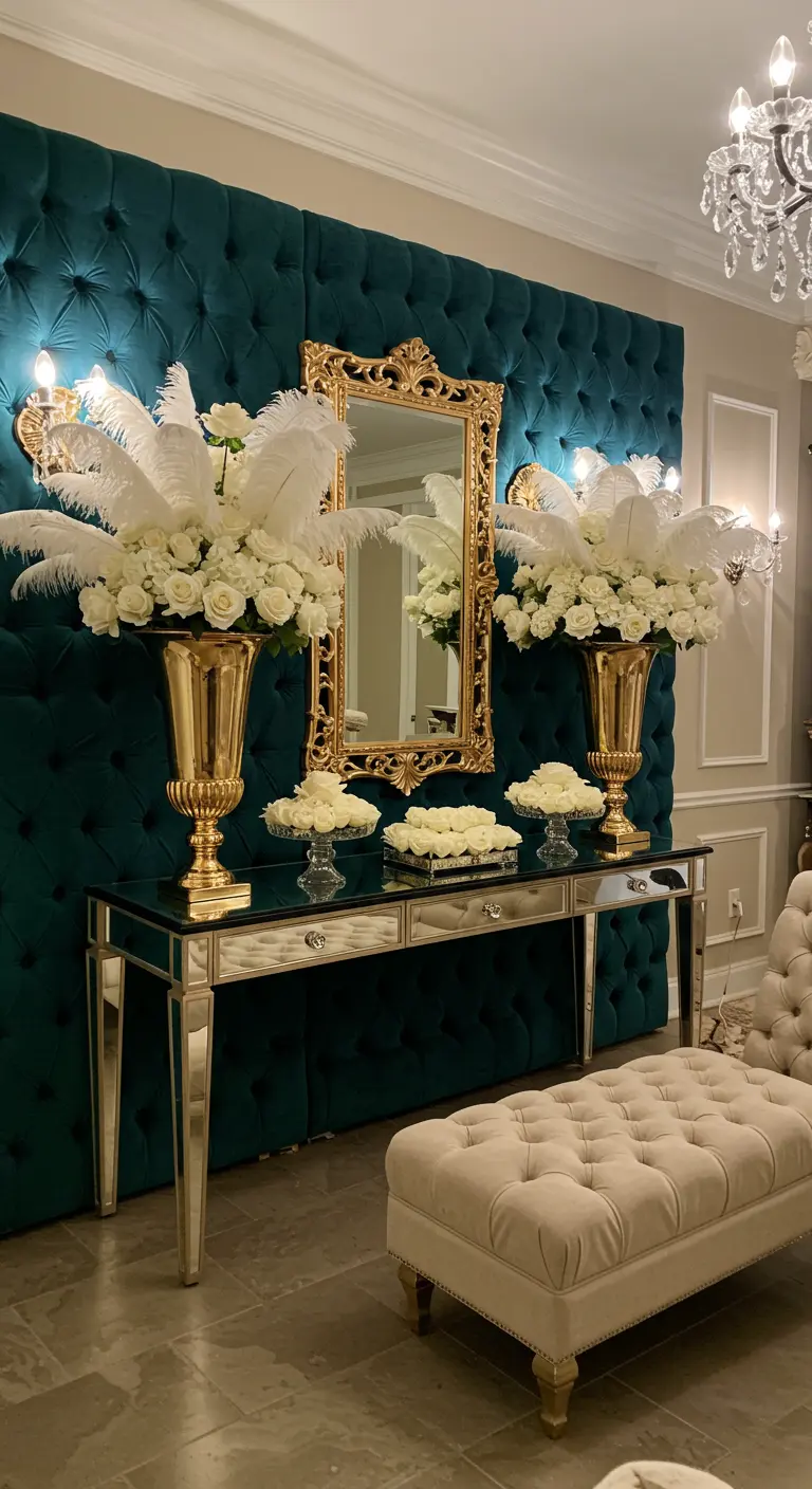 Luxe verjaardagssetting met teal gecapitonneerde wand, gouden spiegel, witte rozen en veren.