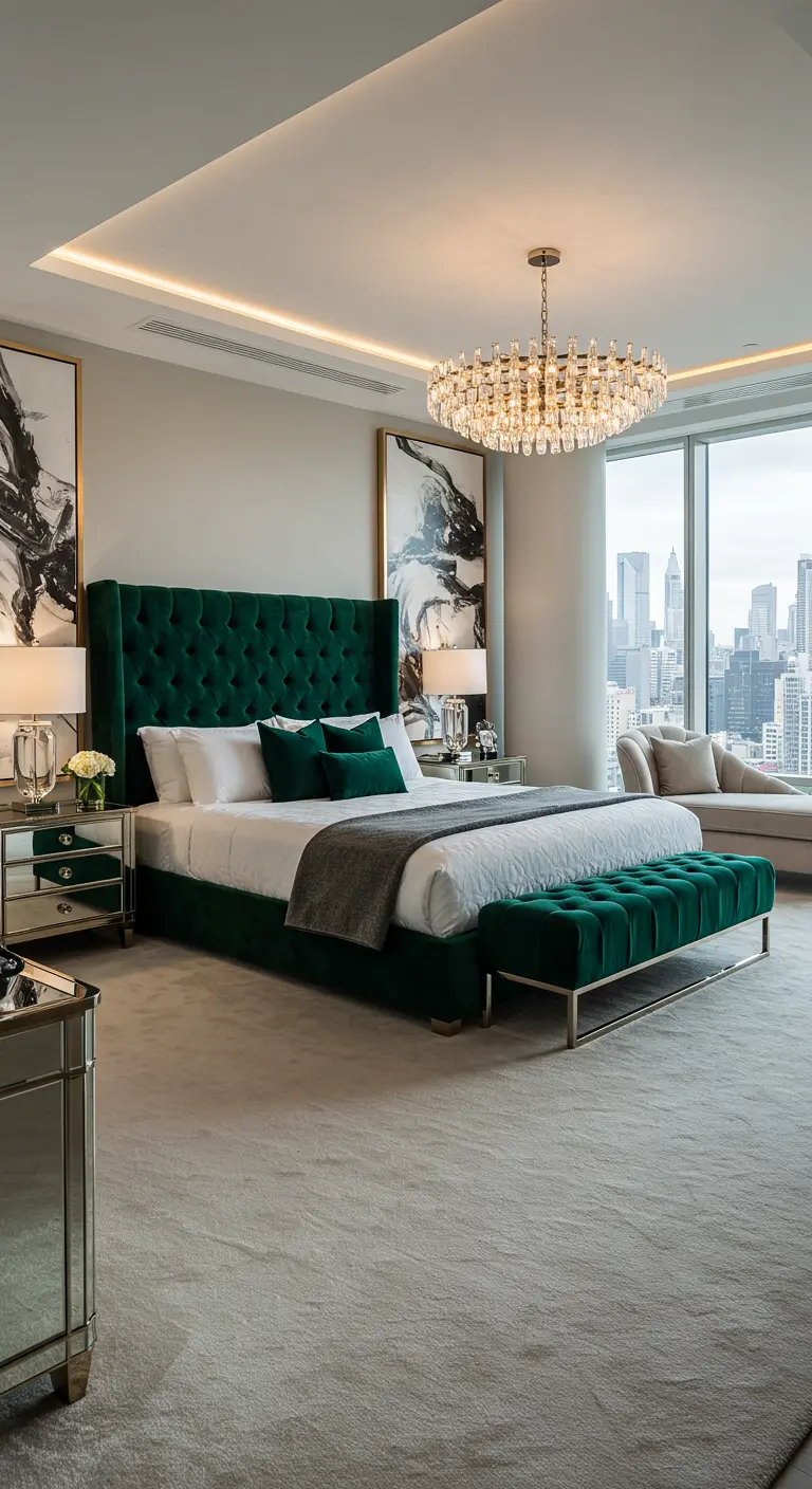 Luxe slaapkamer met smaragdgroen fluwelen bed, grote ramen met stadszicht en kroonluchter.