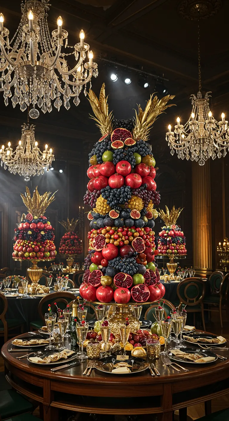 Grote, luxueuze fruittoren als middelpunt van een ronde feesttafel in een balzaal.