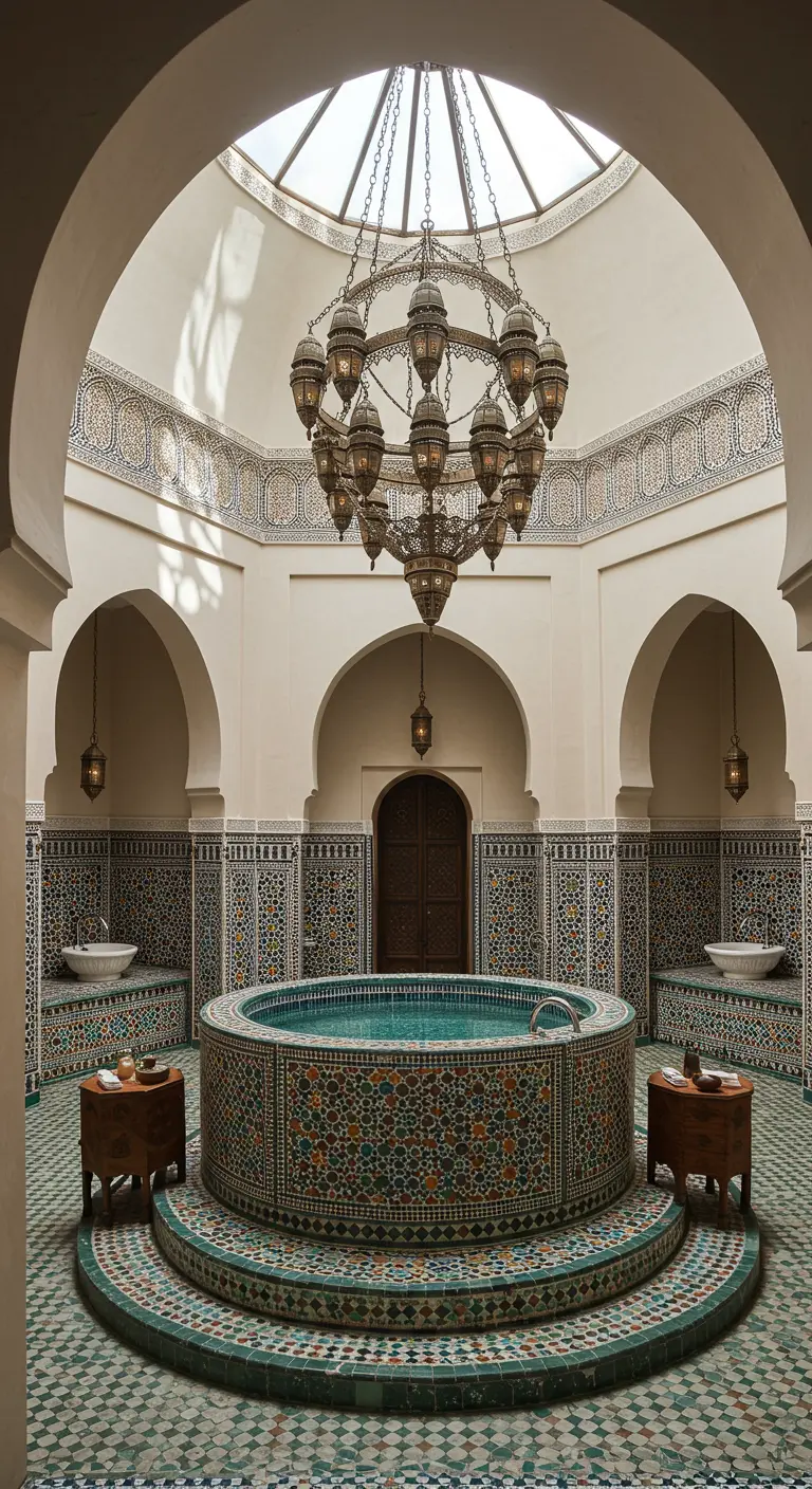 Royale Marokkaanse badkamer met centraal rond mozaïekbad en grote kroonluchter