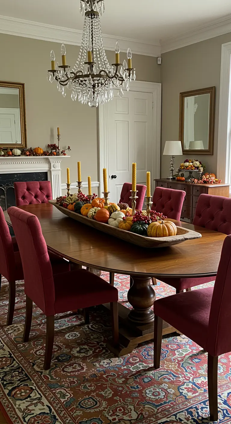 Royale eettafel met een lange houten schaal vol pompoenen, kalebassen, bessen en kaarsen.