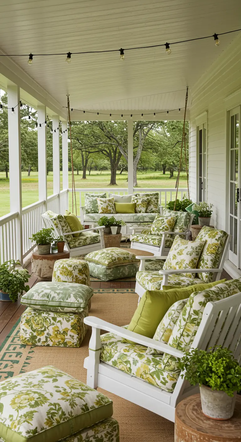 Grote witte veranda met meerdere witte schommels en stoelen, groen-gele bloemenpatroon kussens en lichtslingers.