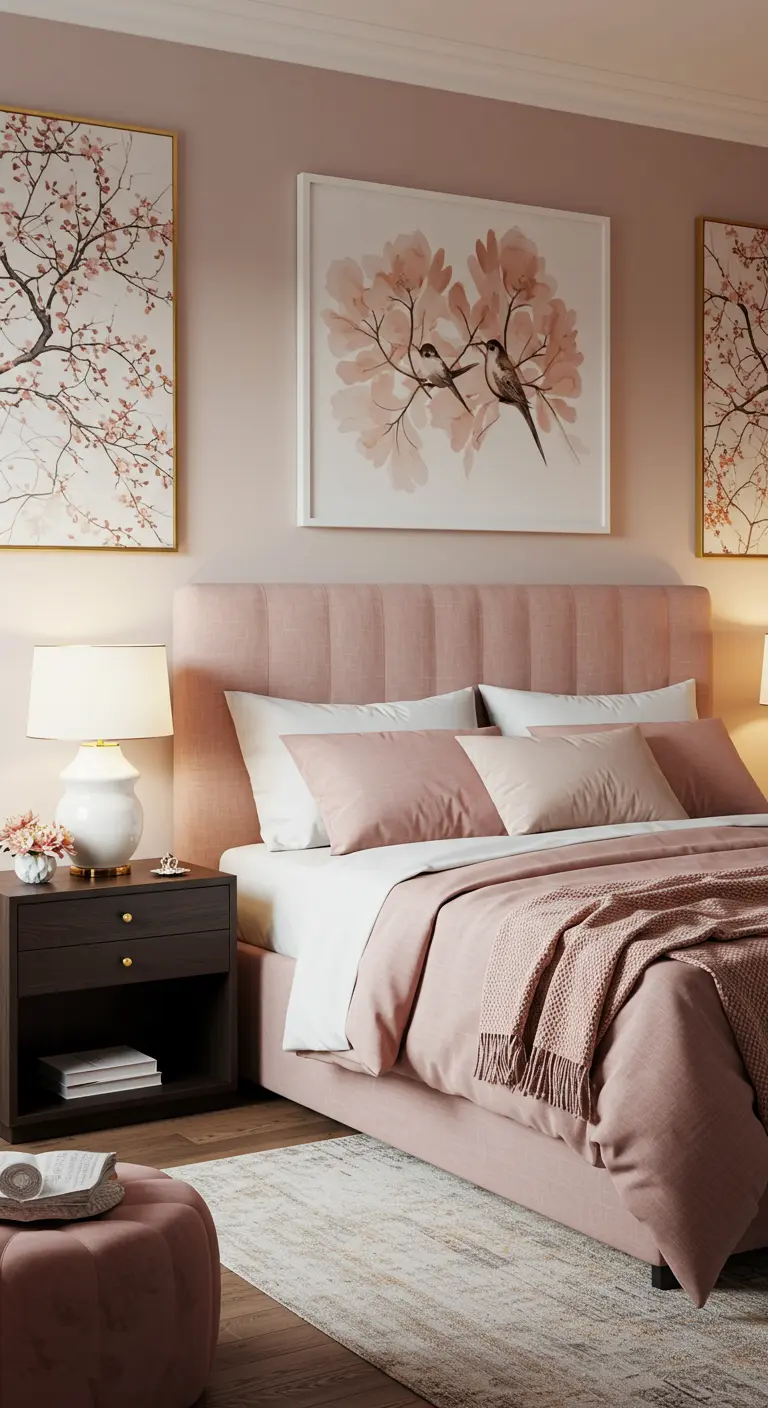 Zachtroze slaapkamer met gestoffeerd bed, bloesemkunst en ton-sur-ton styling.