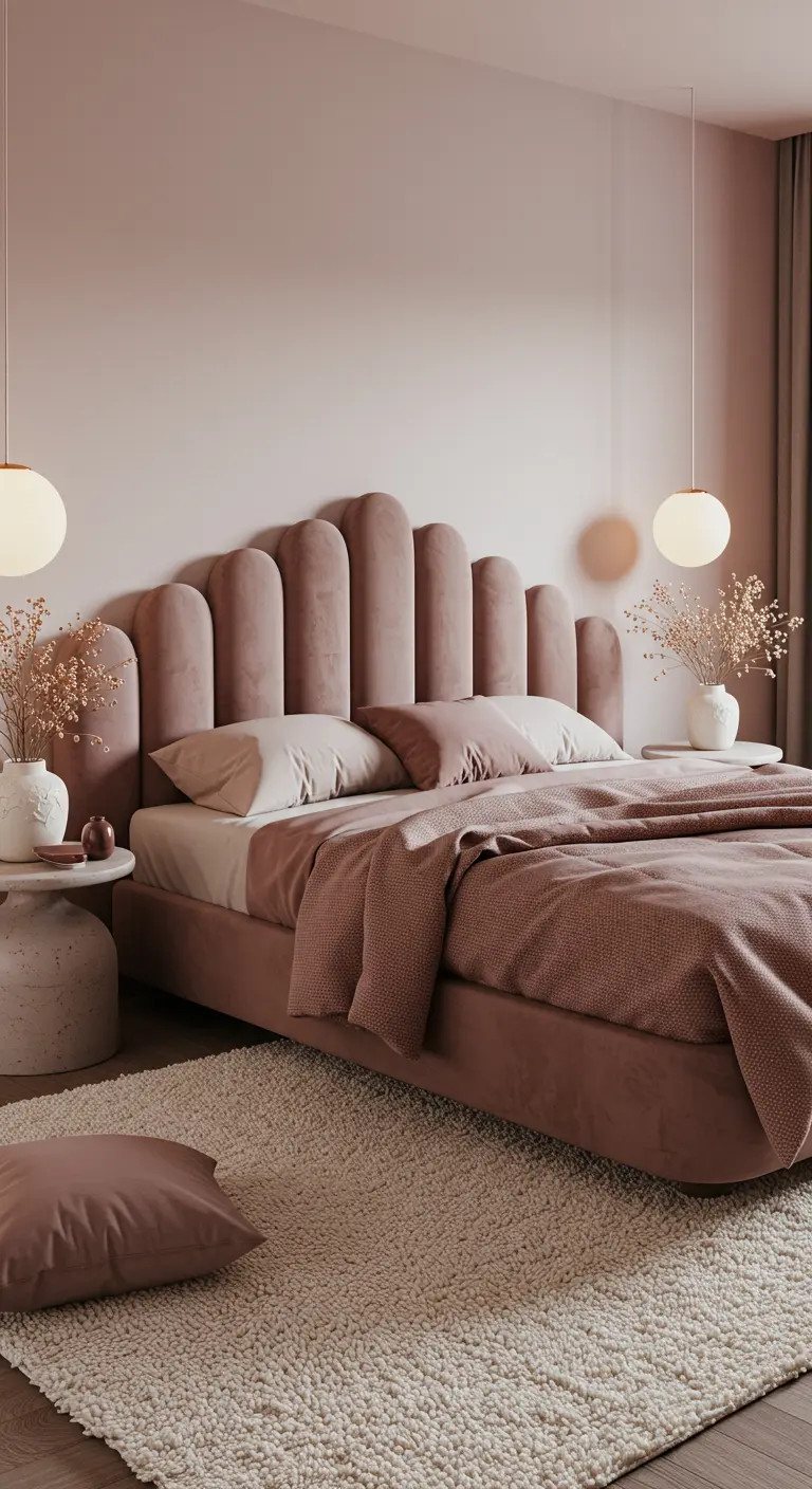 Roze slaapkamer met schelp hoofdbord, ronde nachtkastjes, gouden hanglampen en pluizig vloerkleed.